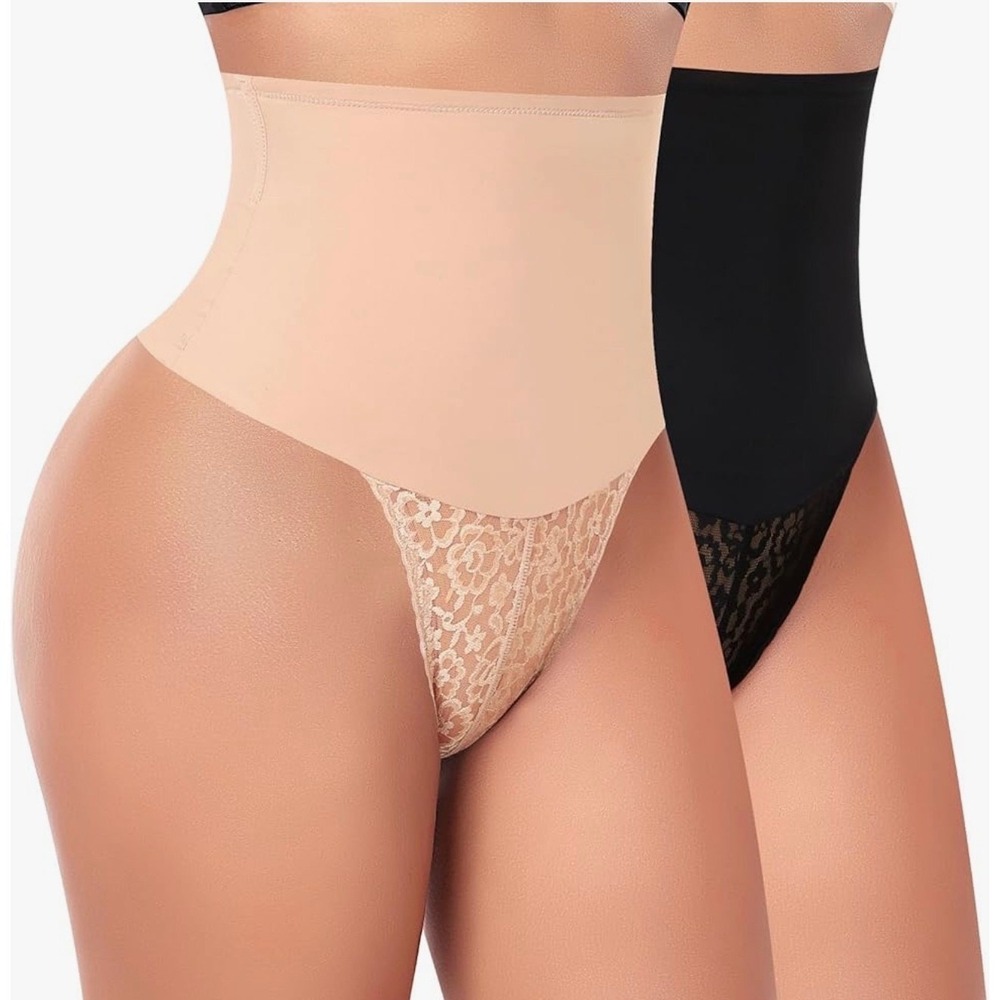 Hey Girl Werena Tummy Control Thong 2PK Black Beige Lace High Waist Shapewear LG